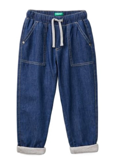 Benetton Erkek Çocuk Koyu Denim Arka Cebi Logo Detaylı Büzgü İpli Kıvrık Paça Denim Pantolon
