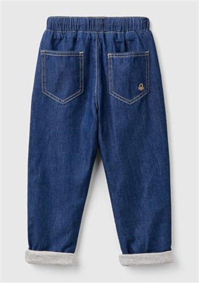 Benetton Erkek Çocuk Koyu Denim Arka Cebi Logo Detaylı Büzgü İpli Kıvrık Paça Denim Pantolon