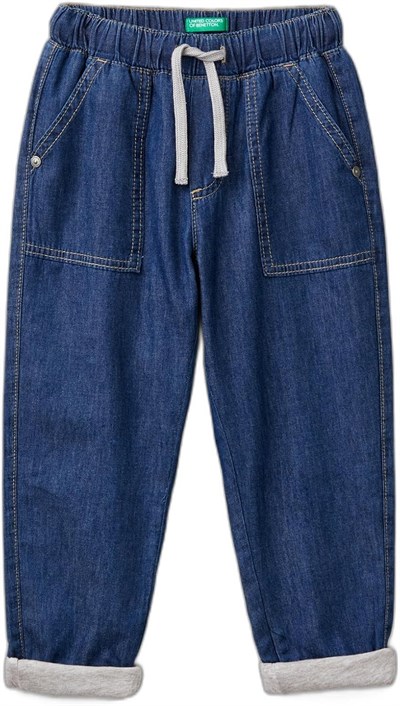 Benetton Erkek Çocuk Koyu Denim Arka Cebi Logo Detaylı Büzgü İpli Kıvrık Paça Denim Pantolon