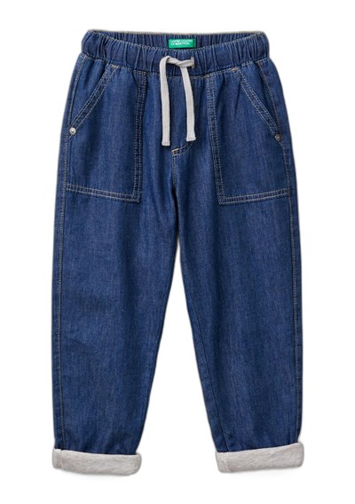 Benetton Erkek Çocuk Koyu Denim Arka Cebi Logo Detaylı Büzgü İpli Kıvrık Paça Denim Pantolon