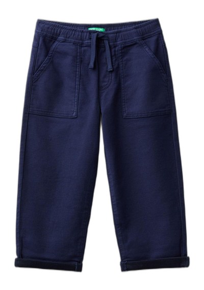 Benetton Erkek Çocuk Lacivert Arka Cebi Logolu Beli Büzgü İpli Kıvrık Paça Pantolon