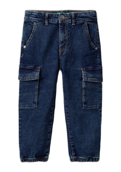 Benetton Erkek Çocuk Lacivert Yama Cepli Kemer Delikli Slim Fit Denim Kargo Pantolon