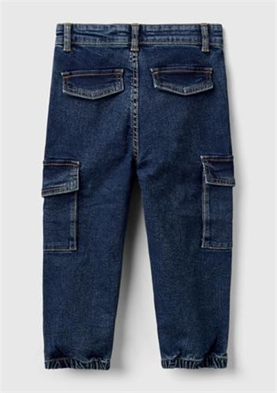 Benetton Erkek Çocuk Lacivert Yama Cepli Kemer Delikli Slim Fit Denim Kargo Pantolon