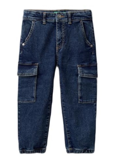 Benetton Erkek Çocuk Lacivert Yama Cepli Kemer Delikli Slim Fit Denim Kargo Pantolon