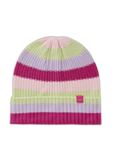 Benetton Erkek Çocuk Pembe Mix Logo Etiketli Renk Bloklu Örgü Bere