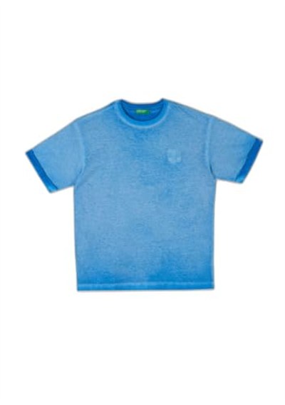 Benetton Erkek Çocuk Saks Mavi Soluk Efektli Logo İşlemeli Oversize T-Shirt