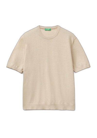 Benetton Erkek Taş%100 Pamuk Ribanalı Kontrast Detaylı Triko T-Shirt