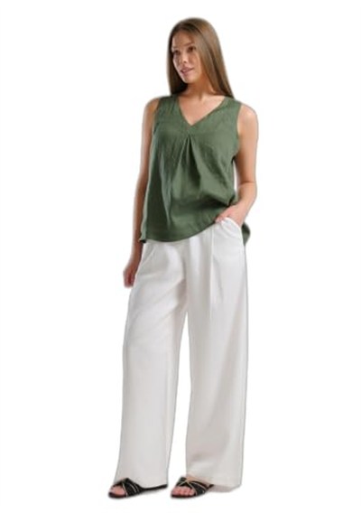 Benetton Kadın Beyaz Liyosel Karışımlı Beli Lastikli Geniş Paça Pantolon,
