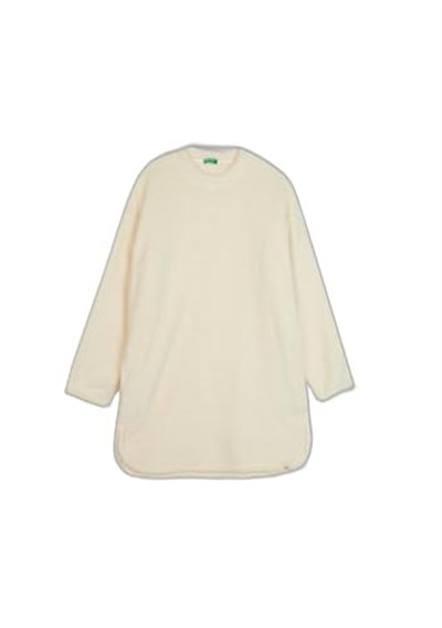 Benetton Kadın Krem Ucu Logo Etiketli Bisiklet Yaka Uzun Pijama Üstü