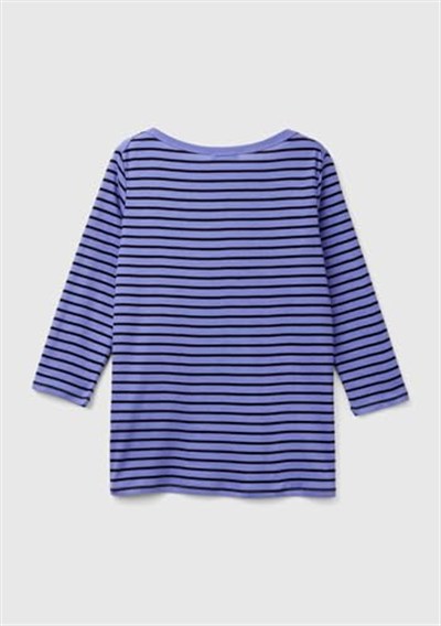 Benetton Kadın Mavi%100 Pamuk Sol Altı Logolu Uzun Kollu Kayık Yaka T-Shirt