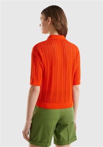 Benetton Kadın Nar Çiçeği%100 Pamuk Tığ İşi Kolları Büzgülü Polo Yaka Triko T-Shirt