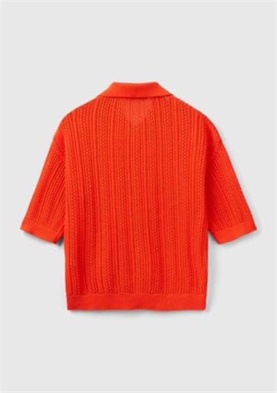 Benetton Kadın Nar Çiçeği%100 Pamuk Tığ İşi Kolları Büzgülü Polo Yaka Triko T-Shirt