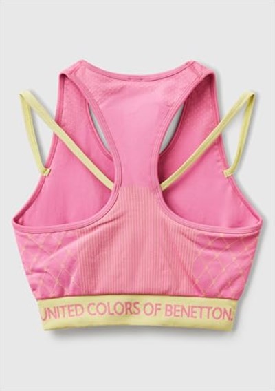 Benetton Kadın Pembe Desenli Beli Logo Bantlı Askı Detaylı Crop Atlet