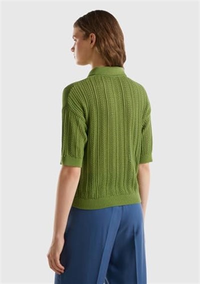 Benetton Kadın Soluk Yeşil%100 Pamuk Tığ İşi Kolları Büzgülü Polo Yaka Triko T-Shirt