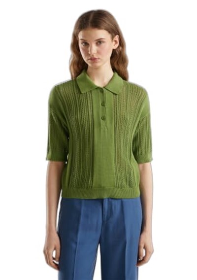 Benetton Kadın Soluk Yeşil%100 Pamuk Tığ İşi Kolları Büzgülü Polo Yaka Triko T-Shirt