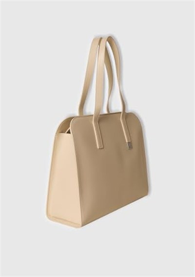 Benetton Kadın Taş Rengi Logo Detaylı Metal Plakalı Fermuarlı Geniş Tote Çanta