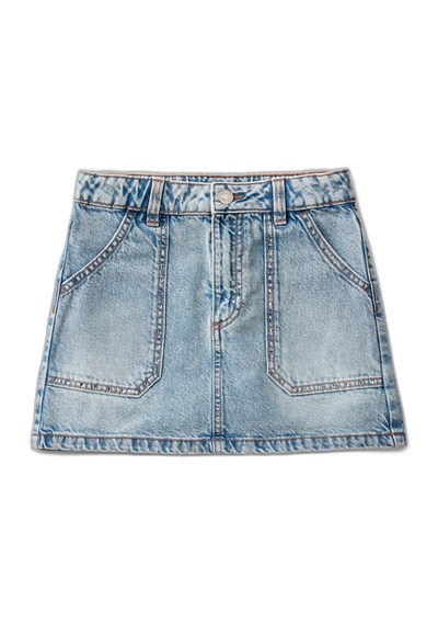 Benetton Kız Çocuk Açık Denim Arka Cebi Logo İşlemeli Cep Detaylı Denim Etek