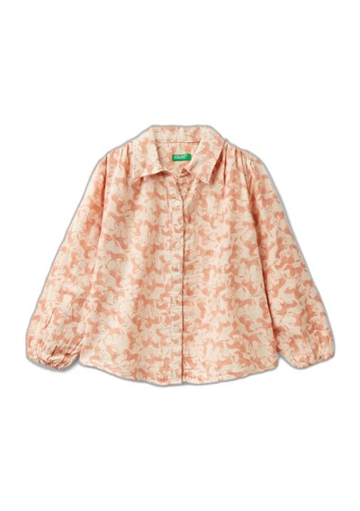 Benetton Kız Çocuk Açık Pembe Düğme Kapamalı Tamamı Desenli Uzun Kollu Gömlek