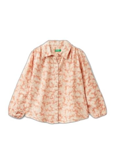 Benetton Kız Çocuk Açık Pembe Düğme Kapamalı Tamamı Desenli Uzun Kollu Gömlek