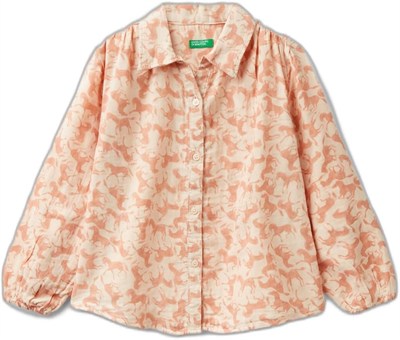 Benetton Kız Çocuk Açık Pembe Düğme Kapamalı Tamamı Desenli Uzun Kollu Gömlek