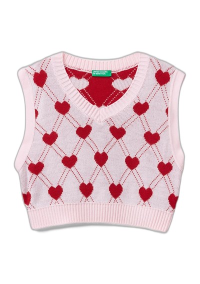 Benetton Kız Çocuk Açık Pembe Tamamı Kalp Desenli Kolsuz V Yaka Süveter