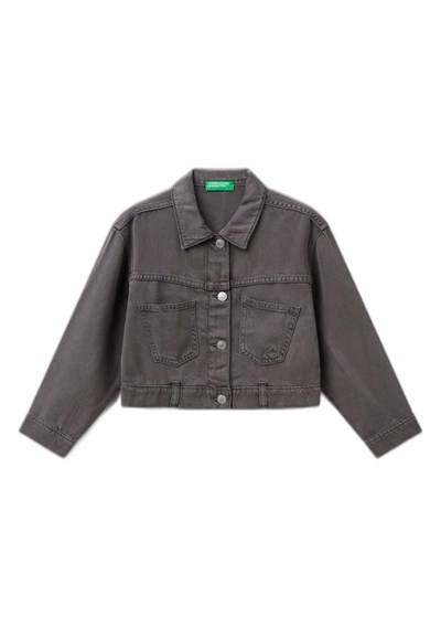Benetton Kız Çocuk Antrasit%100 Liyosel Logo Detaylı Önü Yama Cepli Ceket