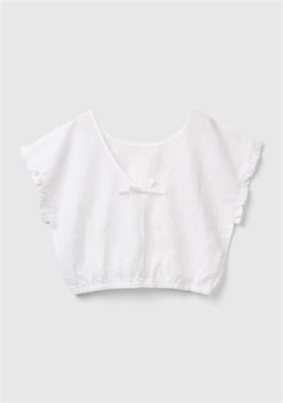 Benetton Kız Çocuk Beyaz Keten Karışımlı Bluz