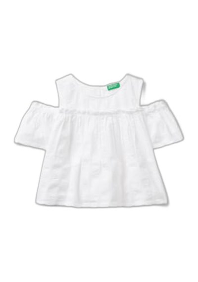 Benetton Kız Çocuk Beyaz Omzu Açık Lastik Detaylı Bisiklet Yaka Bluz