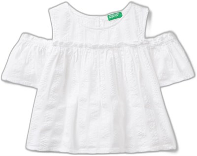 Benetton Kız Çocuk Beyaz Omzu Açık Lastik Detaylı Bisiklet Yaka Bluz