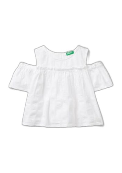 Benetton Kız Çocuk Beyaz Omzu Açık Lastik Detaylı Bisiklet Yaka Bluz