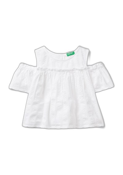 Benetton Kız Çocuk Beyaz Omzu Açık Lastik Detaylı Bisiklet Yaka Bluz
