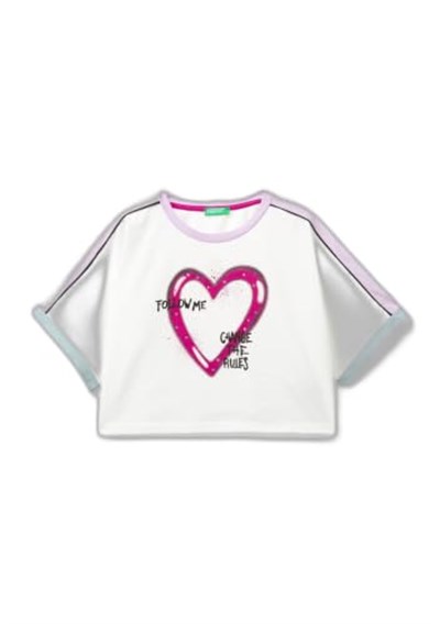 Benetton Kız Çocuk Beyaz Önü Baskılı Kontrast Renkli Geniş Bisiklet Yaka T-Shirt