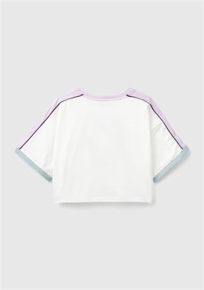 Benetton Kız Çocuk Beyaz Önü Baskılı Kontrast Renkli Geniş Bisiklet Yaka T-Shirt