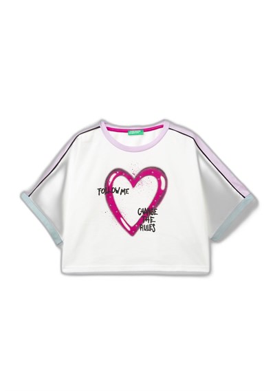 Benetton Kız Çocuk Beyaz Önü Baskılı Kontrast Renkli Geniş Bisiklet Yaka T-Shirt