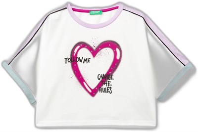 Benetton Kız Çocuk Beyaz Önü Baskılı Kontrast Renkli Geniş Bisiklet Yaka T-Shirt