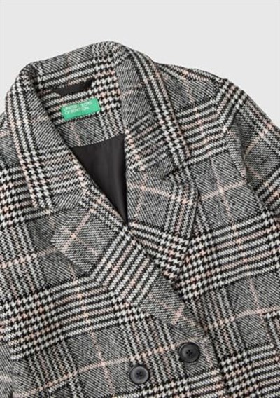 Benetton Kız Çocuk Füme Tamamı Desenli Yanları Cepli Kruvaze Tüvit Ceket