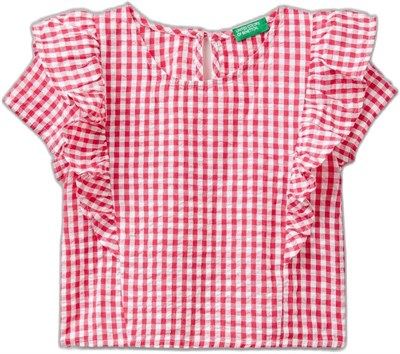 Benetton Kız Çocuk Kırmızı Tamamı Desenli Önü ve Arkası Fırfır Detaylı Düğmeli Bluz
