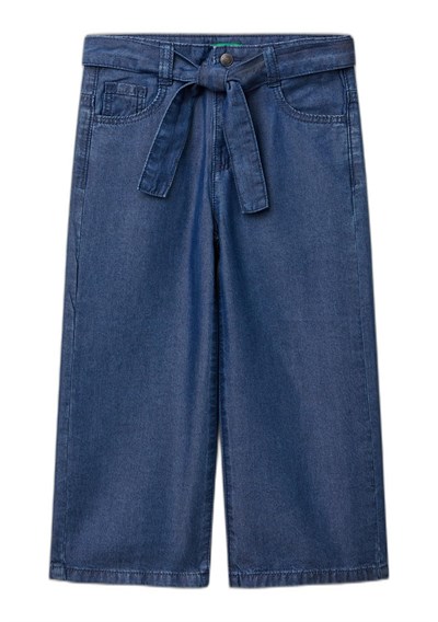 Benetton Kız Çocuk Koyu Denim%100 Liyosel Beli Kuşaklı Wide Fit Denim Jean