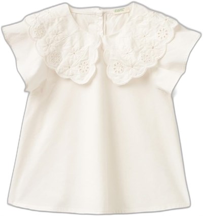 Benetton Kız Çocuk Krem Bebe Yaka Çiçek Motifli Kolları Fırfırlı Gömlek