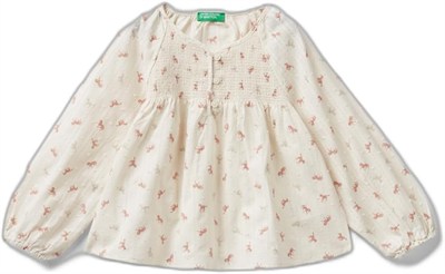 Benetton Kız Çocuk Krem Mix Tamamı Desenli Önü Düğmeli Rahat Kesim Bluz