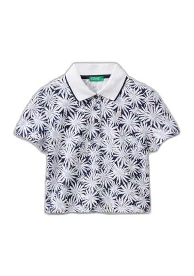 Benetton Kız Çocuk Lacivert-Beyaz Tamamı Desenli Parlak Logo İşlemeli Düğmeli Polo Yaka T-Shirt