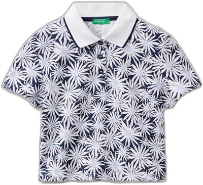Benetton Kız Çocuk Lacivert-Beyaz Tamamı Desenli Parlak Logo İşlemeli Düğmeli Polo Yaka T-Shirt