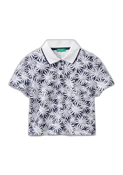 Benetton Kız Çocuk Lacivert-Beyaz Tamamı Desenli Parlak Logo İşlemeli Düğmeli Polo Yaka T-Shirt