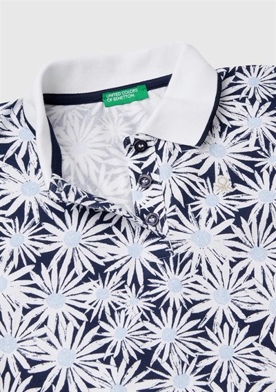 Benetton Kız Çocuk Lacivert-Beyaz Tamamı Desenli Parlak Logo İşlemeli Düğmeli Polo Yaka T-Shirt