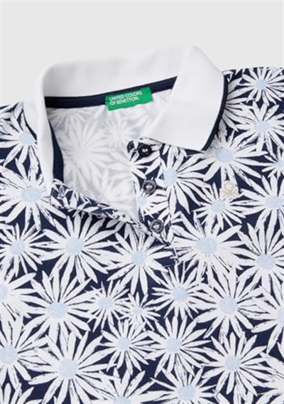 Benetton Kız Çocuk Lacivert-Beyaz Tamamı Desenli Parlak Logo İşlemeli Düğmeli Polo Yaka T-Shirt