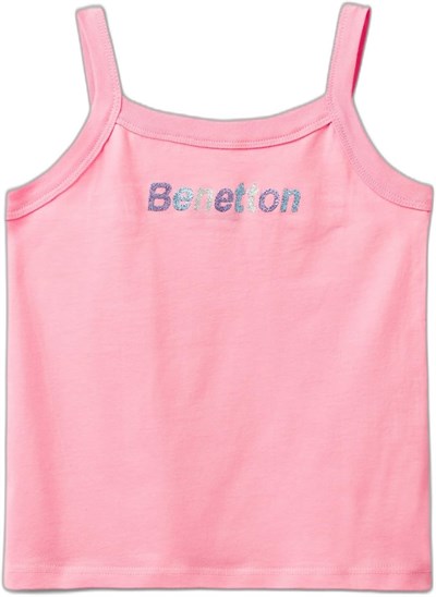 Benetton Kız Çocuk Pembe Simli Logo Baskılı İnce Askılı Atlet