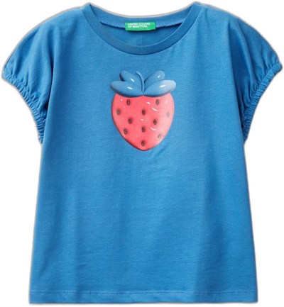 Benetton Kız Çocuk Saks Mavi Önü Grafik Baskılı Kolları Büzgülü Bisiklet Yaka T-Shirt