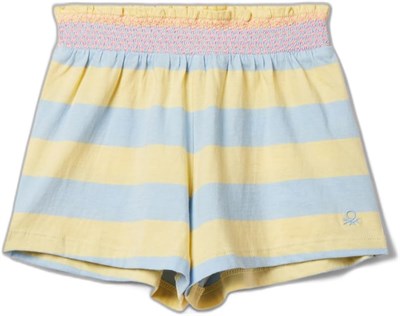 Benetton Kız Çocuk Sarı-Mavi Önü Logo İşlemeli Renk Bloklu Beli Büzgülü Kloş Kesim Şort