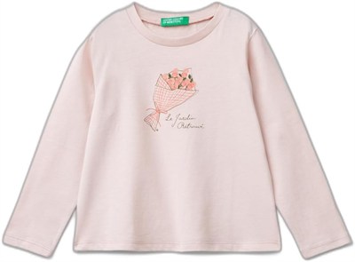 Benetton Kız Çocuk Toz Pembe Su Bazlı Parlak Baskılı Normal Kesim Uzun Kollu T-Shirt