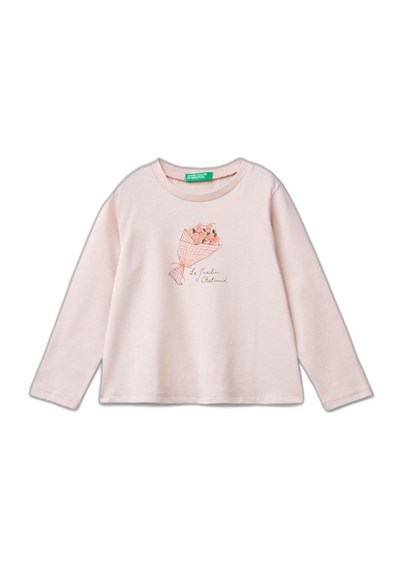 Benetton Kız Çocuk Toz Pembe Su Bazlı Parlak Baskılı Normal Kesim Uzun Kollu T-Shirt